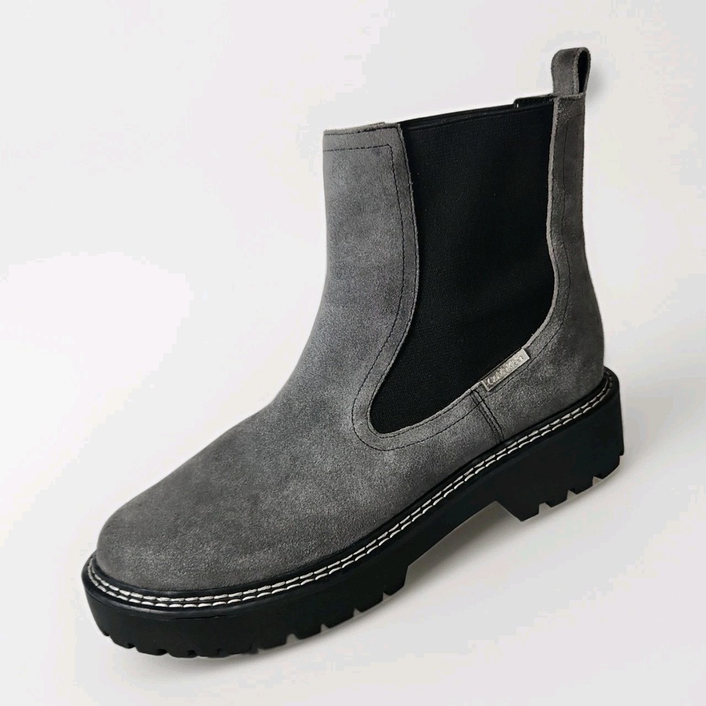 Calvin Klein Shari Gray Suede Chelsea Boots Women's Size 9M Lug Sole Ankle NWOT